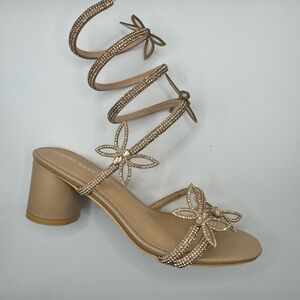 Embellished Butterfly Spiral Ankle-Strap Heeled Sandals in Nude